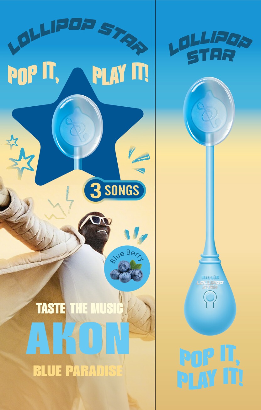 Lollipop-shaped toy with blue star design and text about songs and music, featuring a person in the background.