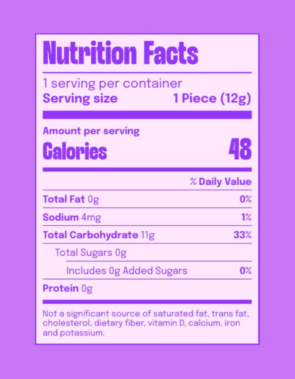 Nutrition facts label for Lollipopstar Dreamy Night Flavor Music Lollipop